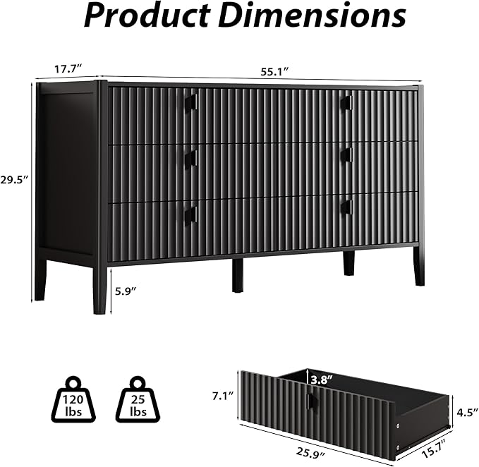 6 Drawer Dresser, Modern Chest of Drawers for Bedroom, Wood Fluted Dresser Organizer with Deep Drawers for Clothes, Nightstand for Bedroom, Hallway, Living Room, Entryway, Black