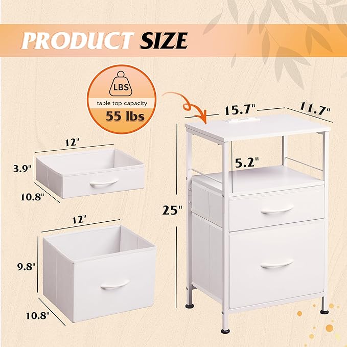 WLIVE Night Stand with Charger Station, White Nightstand with 2 Fabric Drawers, Bedside Table, Small Dresser for Bedroom, Side Table with USB Ports and Outlets