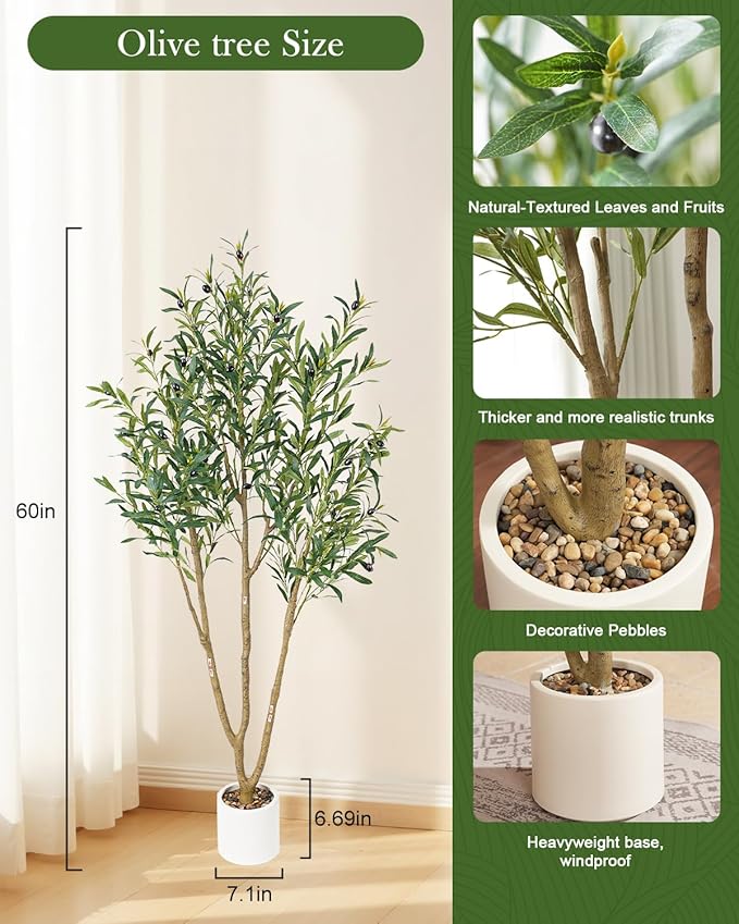 Olive Tree 5FT Fake Tree Faux Plants Indoor with Pot Artificial Tree Nearly Natural Olive Branches and Fruits for Living Room Home Office Decorations