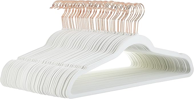 Amazon Basics Slim, Velvet, Non-Slip Sturdy Clothes Hangers, 50-Pack, Ivory/Rose Gold