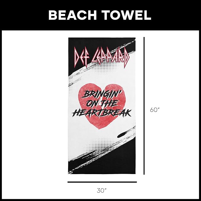 Northwest Def Leppard Heartbreak Beach Towel, Rock and Roll Pool and Bath Towel, Soft and Absorbent, Quick Dry, 30 x 60 inches