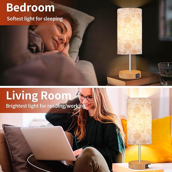 Bedside Touch Lamp, Wood Small Table lamp with 2 USB Charging Ports & Flower Fabric Shade, 3-Way Dimmable Nightstand Lamps for Living Room Bedroom Office Reading Desk Home Dorm Pink