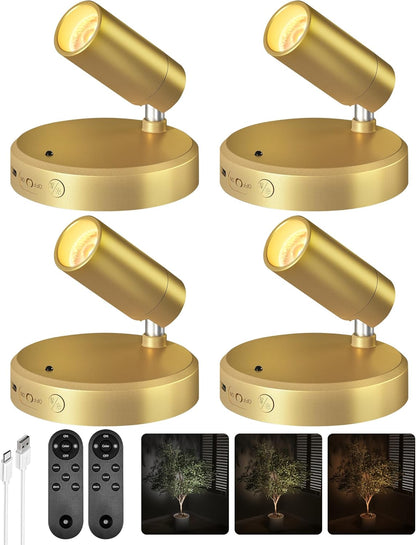 EZVALO LED Spotlight Indoor, 5500mAh Rechargeable Battery Uplighting Indoor, Wireless Mini Art Accent Spot Lights with Remote, for Plants Display Painting Dartboard Artwork Portrait Closet(4Pack-Gold)