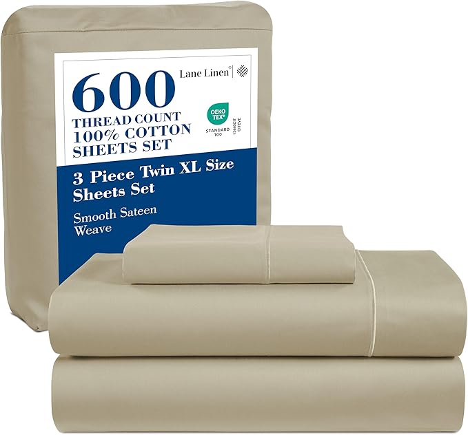 LANE LINEN 600 Thread Count Twin XL Sheets Set, 100% Mercerized Cotton Twin XL Bed Sheets Set with sily Touch Finish, Soft and Comfy Fully Elasticized Sateen Weave XL Twin Sheets Set - Linen