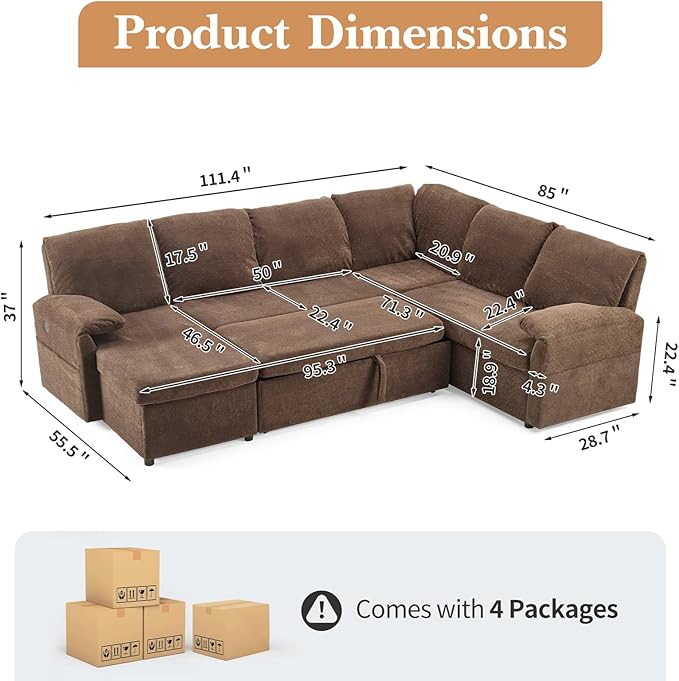 VINGLI Convertible Sofa Bed Couches for Living Room, Sleeper Sofa with Pull Out Couch Bed, Cloud-Like Plush Fleece U-Shape Sectional Couch with Storage Chaise, USB Charging, Side Pockets