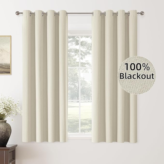 ChrisDowa 100% Blackout Birch Solid Curtains 63 Inches Long 2 Panels for Bedroom Living Room,Farmhouse Room Darkening Thermal Insulated Soundproof Grommet Top Window Treatment Drapes,52x63