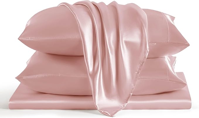 Bedsure Satin Sheets Queen Size - 4 Piece Silky Bedsheets with 15 Inches Deep Pocket Fitted Bedsheet,1 Flat Sheet, 2 Satin Pillowcases, Good for Hair & Skin (Queen, Blush Pink)