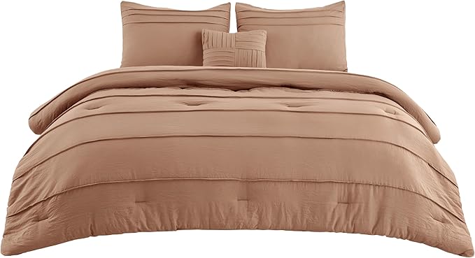 Bedsure California King Comforter Set - 4 Pieces Pinch Pleat Bed Set, Taupe Boho Bedding for All Season, 1 Soft Comforter, 2 Pillowcases, 1 Decorative Pillow