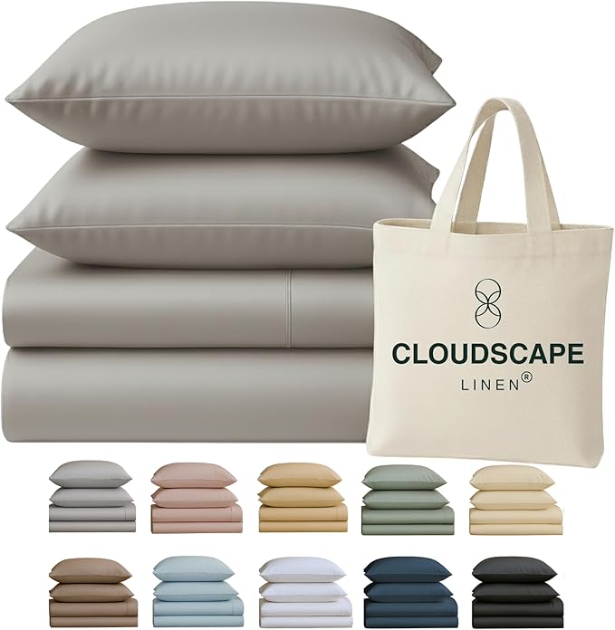 Cloud Scape Linen 100% Egyptian Cotton Sheets for Queen Size Bed, 400 Thread Count, 4 Pieces Bedding Set, Hotel Quality, Silky Soft, Deep Pockets up to 17”, Light Grey