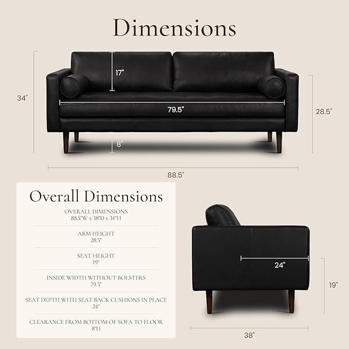 POLY & BARK Napa 88.5" Leather Sofa – Full-Grain Italian-Tanned Aniline Leather, Feather-Down Comfort, Solid Wood Frame, Walnut Legs, Onyx Black