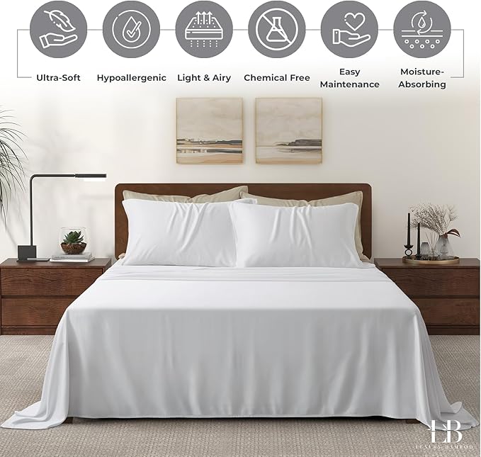 Luxury Bamboo Market | King Size Bed Sheet Set | 100% Viscose Made from Bamboo | Organically Grown | Ultra Soft | Cooling Sheets for Hot Sleepers | 17" Deep Pocket [Classic White]