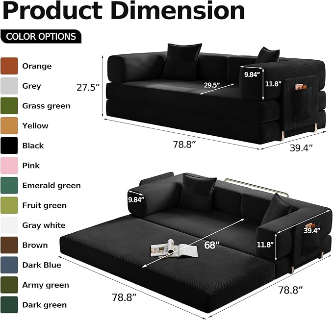 78.8" Convertible Sofa Bed,Corduroy Futon Couch with Storage Pocket,Folding Pull Out Futon Sofa, No Assembly Boneless Couch for Living Room,Black