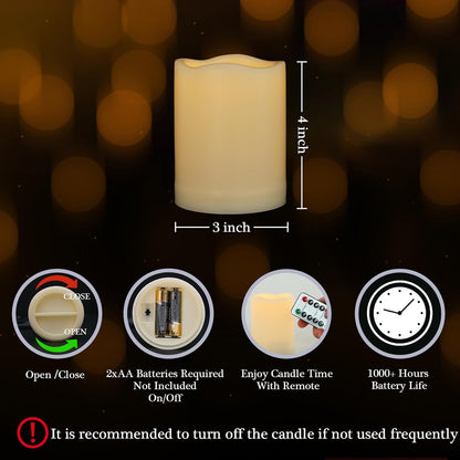 1 Pack 3" x 4" Battery Operated Flameless Candles with Remote and Timer, Outdoor Flickering LED Pillar Flameless Candles for Home Decor, Ivory, Plastic
