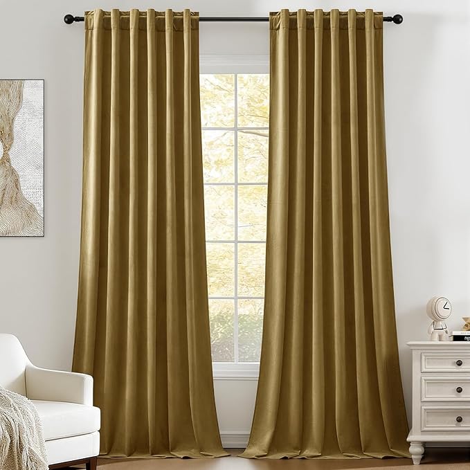 AUSSPVOCT Brown Velvet Curtains 84 Inches for Living Room, Elegant Sound Reducing Thermal Insulated Drapes Room Darkening Luxury Blackout Curtain for Bedroom, Back Tab Rod Pocket, Goldbrown, 2 Panels