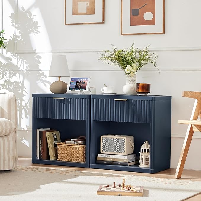 LEYAOYAO Fluted Farmhouse Nightstand Set of 2 with Charging Station, 23" Wide 1 Drawers Night Stand,Blue Dresser for Bedroom,Bed Side Table Chest of Drawers,Wood End Table for Living Room