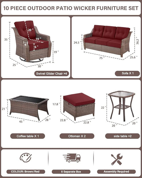 10 Piece High Back Outdoor Patio Furniture Set - Patio Conversation Set with Swivel Rocker Outdoor Chairs Set of 4 and 3 Seater Sofa, Wicker Ottoman and Coffee Table for Garden Backyard