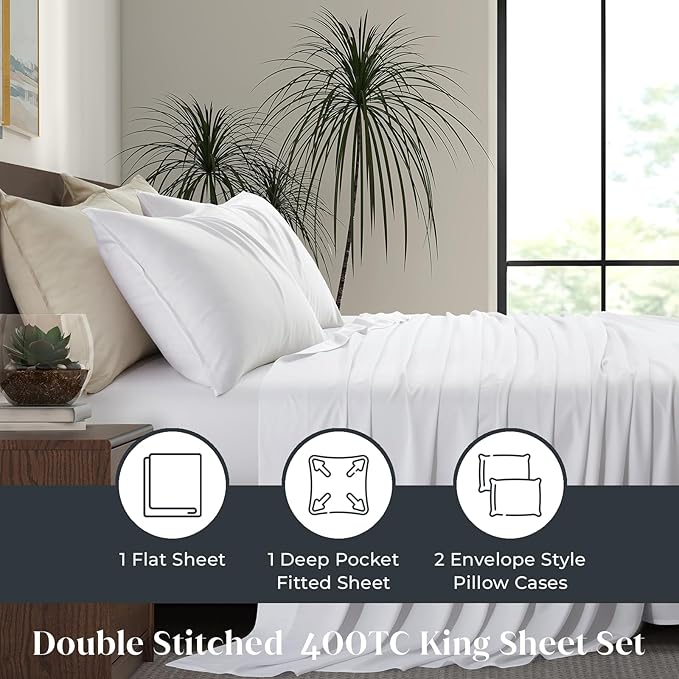 Luxury Bamboo Market | King Size Bed Sheet Set | 100% Viscose Made from Bamboo | Organically Grown | Ultra Soft | Cooling Sheets for Hot Sleepers | 17" Deep Pocket [Classic White]
