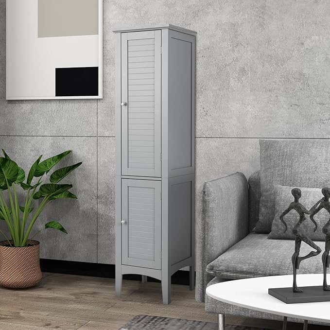 COSTWAY Tall Bathroom Storage Cabinet, 5-Tier Freestanding Linen Tower Cabinet with 2 Doors, Wooden Side Storage Organizer, Narrow Slim Floor Cabinet for Bathroom, Living Room, Kitchen (Grey)