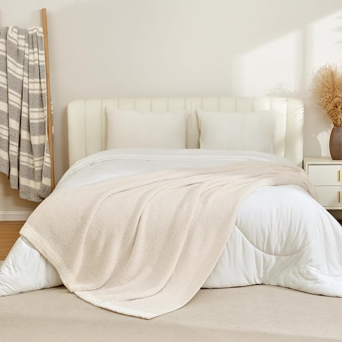 Snuggle Sac Buttery Ivory Throw Blanket for Couch, Reversible Super Soft Knitted Blankets, Warm Cozy Knit Fuzzy Plush Lightweight Throws Dupes for Sofa, Bed, Picnic, Ivory, 50 x 60 inches