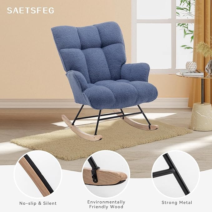 Rocking Chair Nursery Teddy Upholstered Glider Rocker Rocking Accent Chair Padded Seat with High Backrest Armchair Comfy Side Chair for Living Room Offices Bedroom(Sky Blue Teddy)