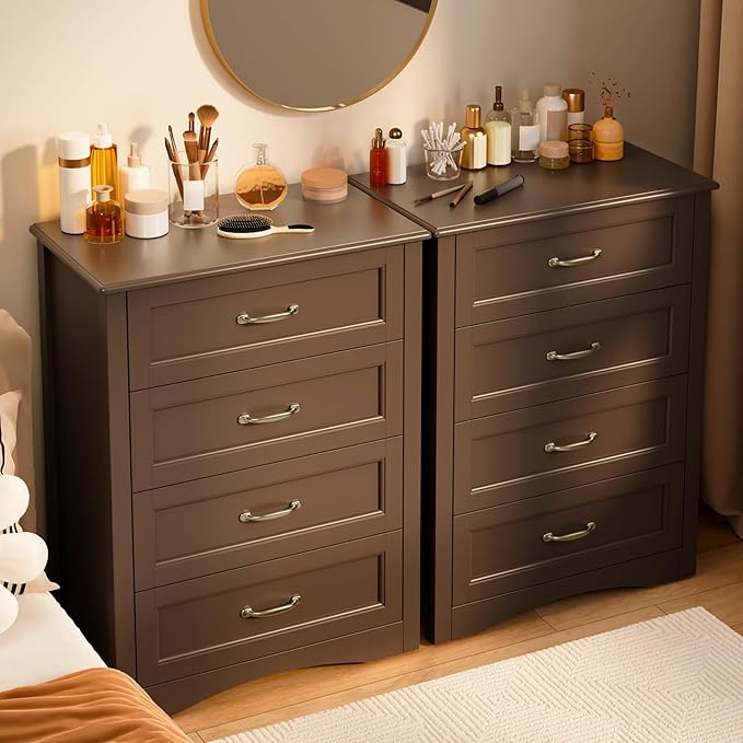 Gizoon Dresser for Bedroom with 4 Drawers Wooden Chest of Drawers for Closet Dresser Storage Unit Organizer for Hallway Living Room and Office, Dark Brown