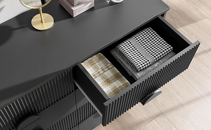 LGHM Fluted Dresser for Bedroom with 8 Drawers, Modern 8 Drawers Dressers with Semi-Cylindrical, Chest of Drawers Closet Organizers and Storage Clothes, 43" Tall Dresser with Bold Steel Frame, Black