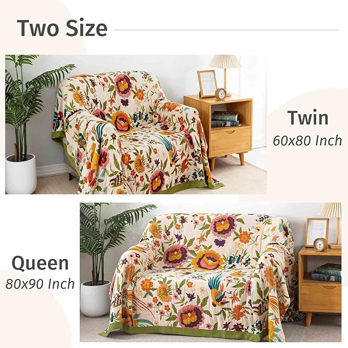 Qidordour Boho Throw Blanket, 80"x90" Muslin Blankets, 100% Organic Cotton Blanket for Couch Sofa, Lightweight Quilt, All Season Bed Throw, Farmhouse Home Decor, C-Phoenix Floral