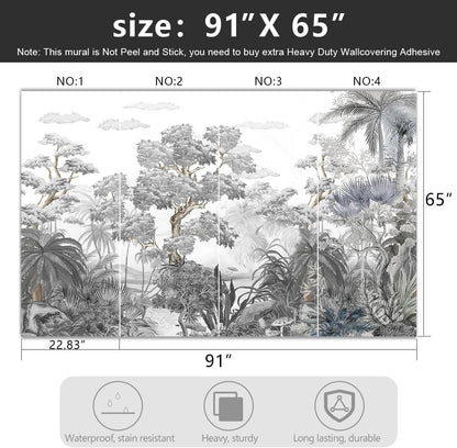 -Tropical Rainforest Botanical Grey Jungle Forest Fabric Wallpaper Living Room Palm Leaf Plant Bedroom Bathroom Wall Mural- 91"x65"（ not Peel and Stick）