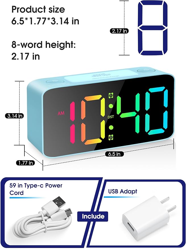 Cadmos Loud Alarm Clock for Heavy Sleepers Adults,Digital Clock with 7 Color NightLight,Adjustable Volume,USB Charger,Small Clocks for Bedrooms Bedside,ok to Wake for Kids,Teens (Blue+RGB)