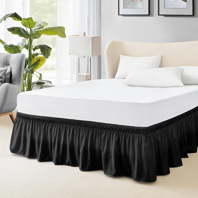 FreshCulture Elastic Wrap Around Bed Skirt - Easy Fit with 15-Inch Tailored Drop, Hotel Quality Dust Ruffle for Full Size Bed (Black)