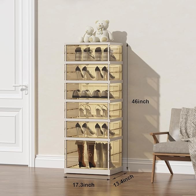 Shoe Rack Organizer for Closet Entryway Foldable Sneaker Storage Shoe, Collapsible Shoe Cabinet, Stackable Shoe Storage Cabinet with Lids for Living Room (6 Tiers -12 Pairs Transparent)