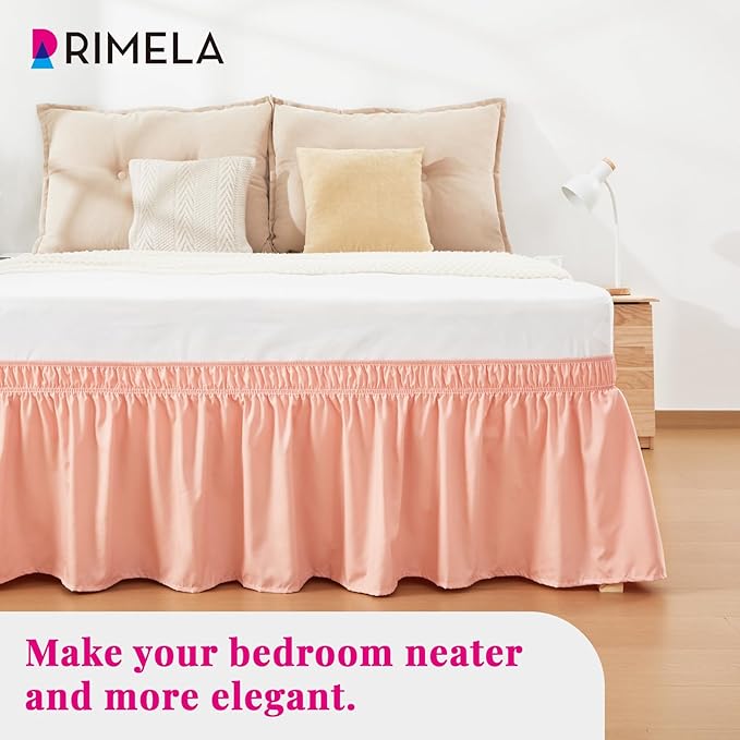 RIMELA Peachy Coral Bed Skirt King Size 18 Inch Drop, Wrap Around Elastic Bedskirt, Dust Ruffle for Adjustable Bed Base Machine Washable Easy to Install Bed Skirts
