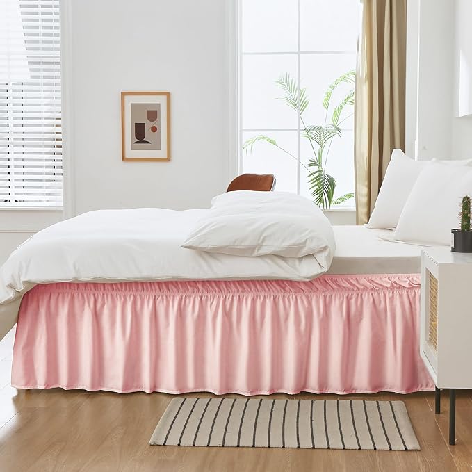MEILA Wrap Around Bed Skirt Three Fabric Sides Elastic Dust Ruffled 18 Inch Tailored Drop,Easy to Install Fade Resistant-Pink, Queen/King