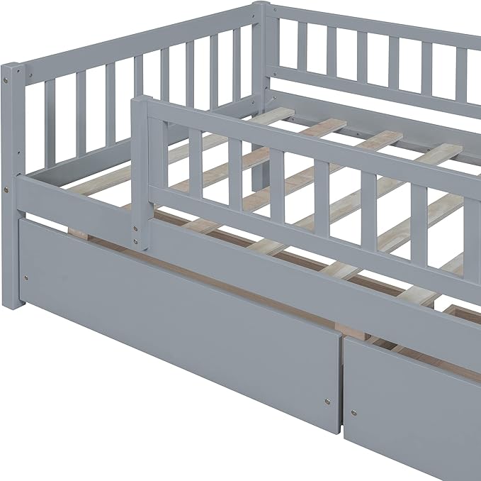 Bellemave Twin Bed Frames with Rails for Kids, Twin daybed Frame with Drawers for Boys/Girls/Adults，Gray