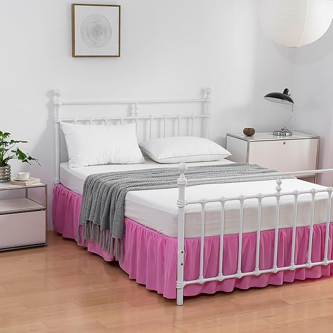Bed Skirt Queen Size, Ruffled Bed Skirt with Split Corners, 16 Inch Drop Dust Ruffle Bed Skirt with Platform, Pink -16'' Queen
