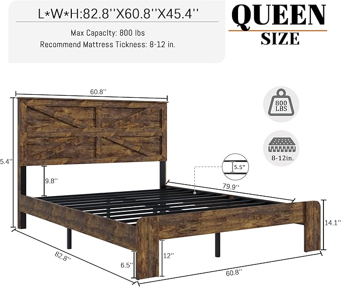 Queen Size Bed Frame with Farmhouse Headboard, Rustic Boho Wooden Bedframe with LED Lights and Charging Station, Easy Assembly, No Box Spring Needed (Brown, Queen)