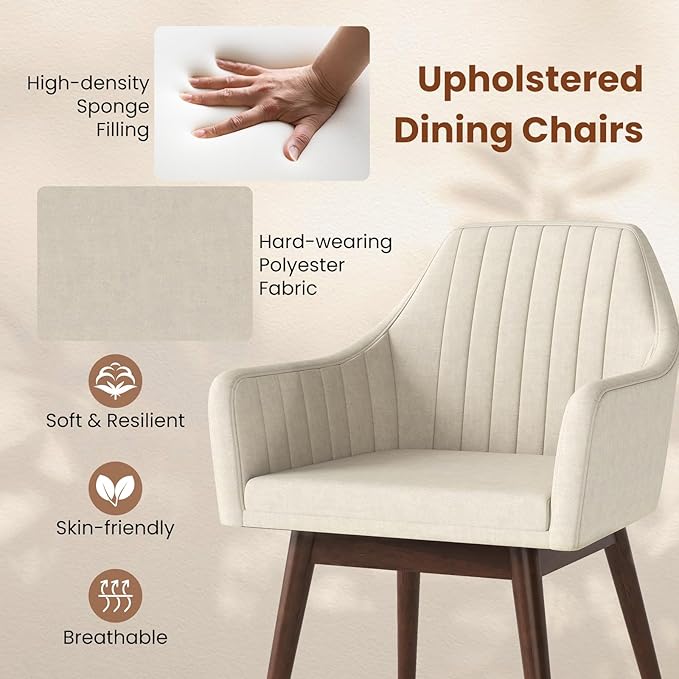 Giantex Upholstered Dining Chairs Set of 2, Mid Century Kitchen Chairs with Solid Wood Legs, Wrap-Around Backrest, Modern Accent Armchair for Living Room, Dining Room, Bedroom, Beige