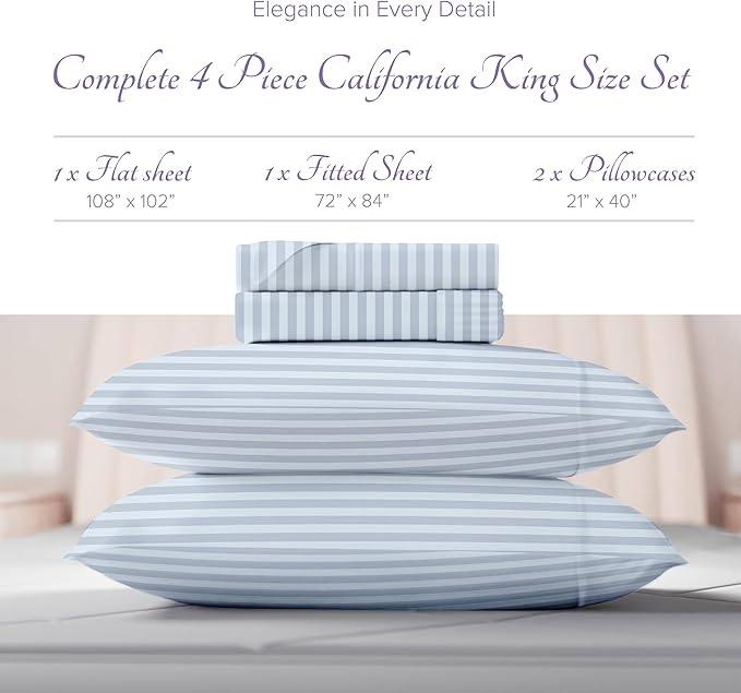 Carressa Linen Luxury Egyptian Cotton California King Stripe Sheet Set, 600 Thread Count Extra Long Staple 4 PC Set, Cal King Stripe Sheets, Soft, Cooling Striped Sheets 16 in Deep Pocket - Light Blue
