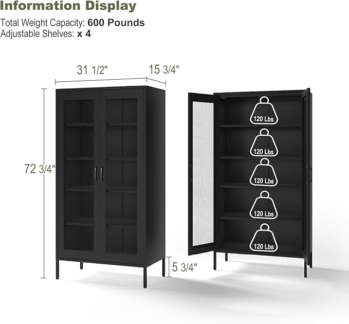 COFaR Modern Mesh Storage Cabinet, Free Standing Tall Pantry, Cupboard Metal Display Cabinet for Living Room, Kitchen, Dining Room