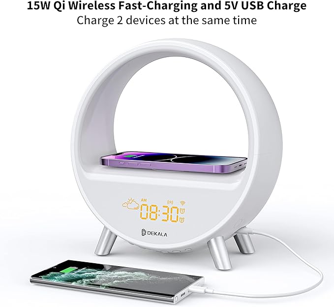 Dekala Arches Gradual Sunrise Alarm Clock with Wireless Charging, Sunset White Noise Sound Machine Loud Sunsire Alarm Clock for Heavy Sleepers Smart Ambient Lamp Sunrise App/Touch Control