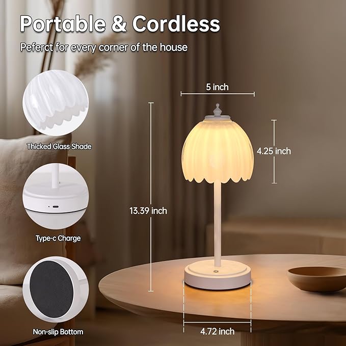 Tulip Table Lamp with 5200mAh Battery & Touch Control, Cordless Small Table Lamp with 3 Colors, Dimmable Rechargeable Table Lamps for Living Room, Bedroom, Bedside (White Tulip & White Base)
