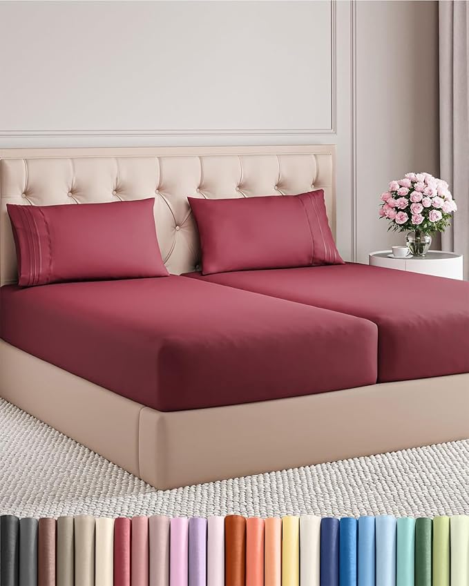 Split King Size 5 Piece Sheet Set - Comfy Breathable & Cooling Bed Sheets Set - Hotel Luxury Bedding for Women, Men, Kids, Teens, Boys & Girls - Deep Pockets, Soft, Wrinkle Free - Oeko-Tex - Burgundy
