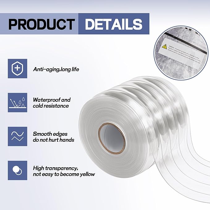 Moukeren Plastic Door Curtain for Winter 50 ft x 8 Inch Thermal Insulated Garage Door Strip Curtains Smooth Waterproof Clear PVC Strip Curtain for Warehouse Freezer, 0.08" Thickness(Striped)