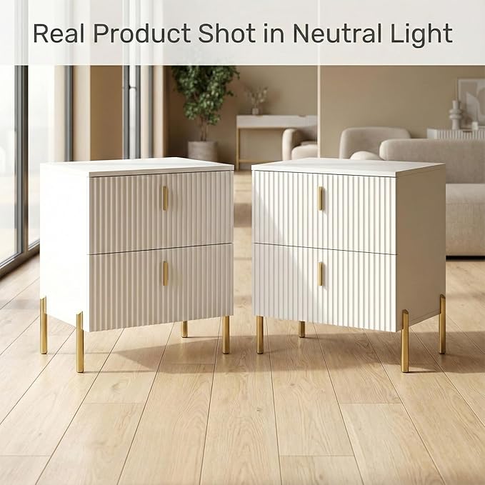 Luxury Fluted Night Stand Set of 2, Nightstand with 2 Drawers, Modern Bedside Table with Golden Legs and Handles, End Tables for Living Room Bedroom, White