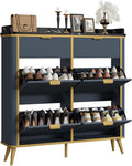 Fluted Shoe Cabinet Storage, Modern Slim Shoe Organizer Cabinet with 4 Flip Drawers & 2 Drawers, Wooden Freestanding Shoe Rack Cabinets for Entryway, Foyer, Hallway, Navy Blue