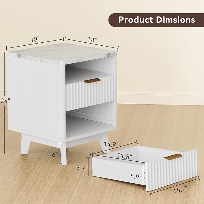 White Nightstand Set of 2, 18" Modern Night Stand with Faux Marble Top, Open Storage Shelf, Curved Edge Bedside Table for Bedroom, End Side Table