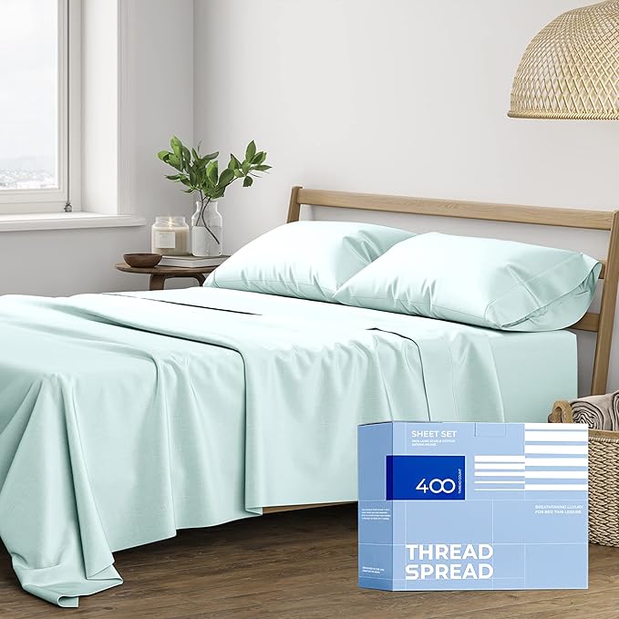 THREAD SPREAD 400 Thread Count King Cotton Sheets - 4 PC King Size Bed Sheet Set Cotton (Sea Foam), Soft, Cooling, Hotel-Quality 16" Deep Pocket Sateen Bedsheet for Hot Sleepers (Fits 18" Mattress)