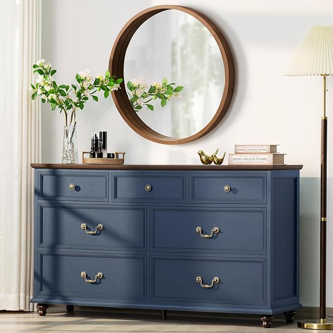 Farmhouse Furniture Set, Nightstands Set of 2 and 7 Drawers Dresser for Bedroom, 54 Inch Wide Wood Dresser and 24" Night Stands with Charging Station for Bedroom, Living Room, Hallway