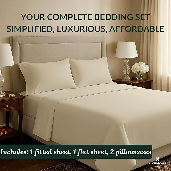 Cloud Scape Linen 100% Egyptian Cotton Sheets Full Size, 4 Pieces Luxury Bedding Set, 400 Thread Count,Hotel Quality, Silky Soft, Deep Pockets up to 17, Ivory