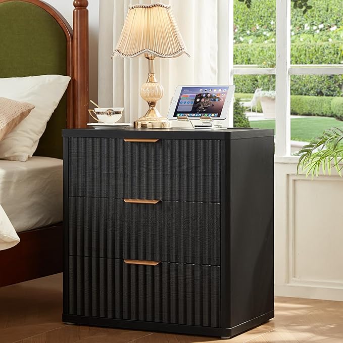 LEYAOYAO Fluted Dresser and Nightstand Sets, Wood 48" Wide Dresser & 23" Night Stand with Charging Station, 2 Piece Bedroom Furniture Set, Chest of Drawers for Bedroom, Home, Living Room, Black
